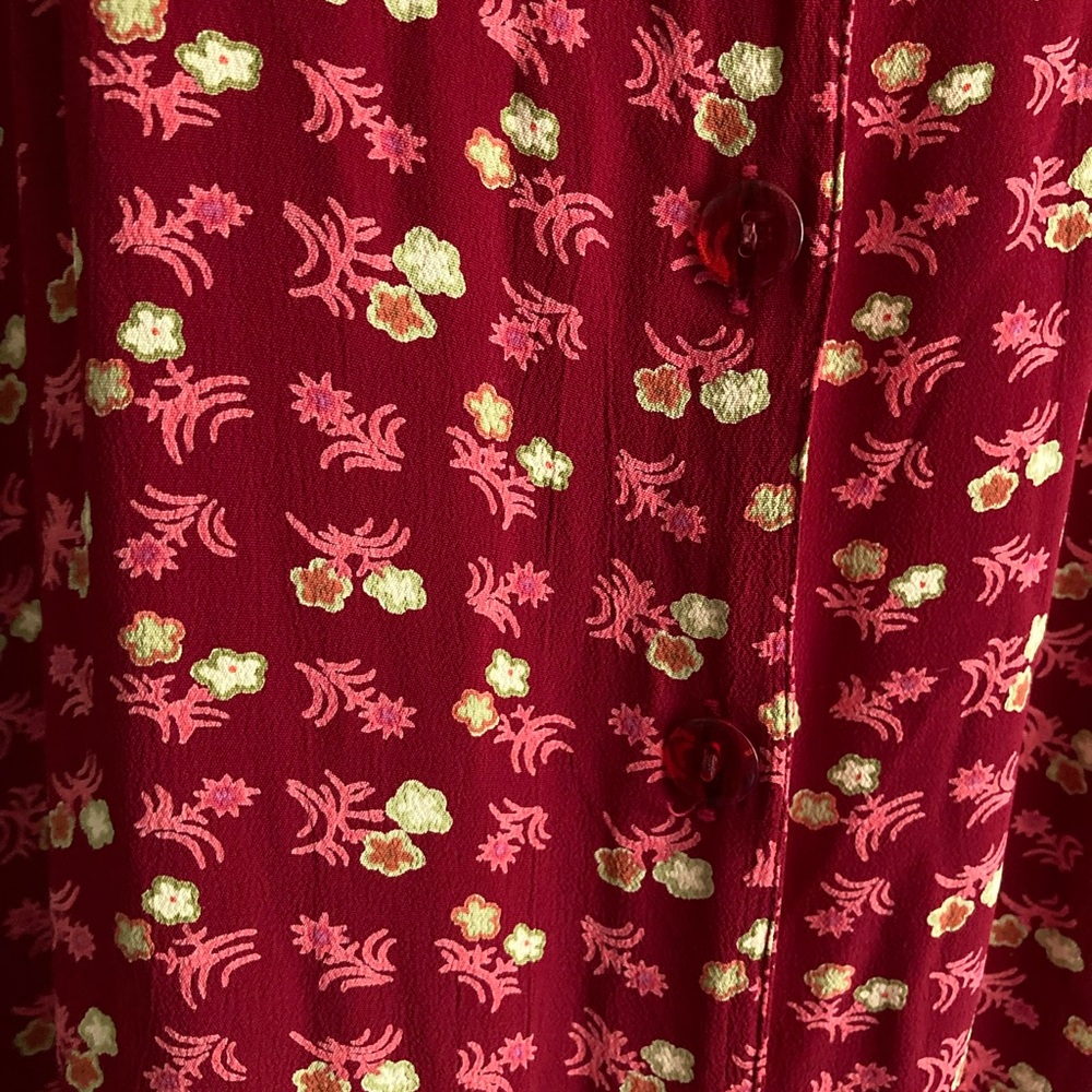 Vintage Y2K Red Short Sleeve Hooded Drawstring Floral Button Up Y2K Maxi Dress M - Picture 9 of 13